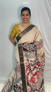 Vriksham Off White Kalamkari Saree with Nizam Border-VS4383